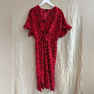 Red Cheetah Tie Front Dress Medium